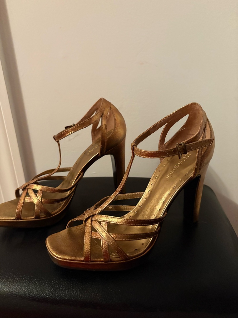 BCBGirls Metallic Bronze Strappy T‑Bar High Heel Sandals - Picture 3 of 9